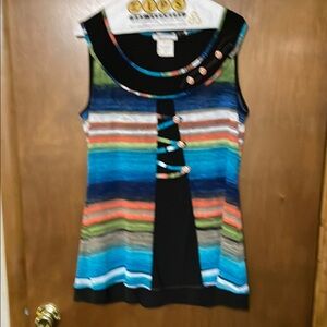 Blue and Orange Sleeveless Tie Front Tank Top